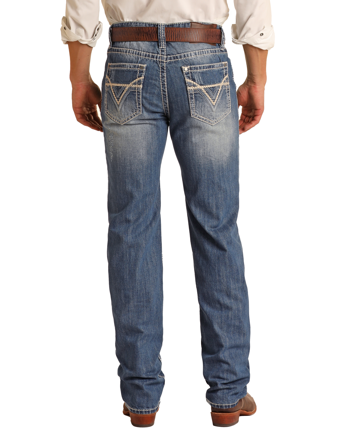 A person is seen from the back against a white background wearing Rock & Roll Denim Relaxed Fit Large V Straight Leg Jeans, featuring faded blue denim with decorative back pocket stitching, paired with a brown belt, white rolled-sleeve shirt, and brown shoes.