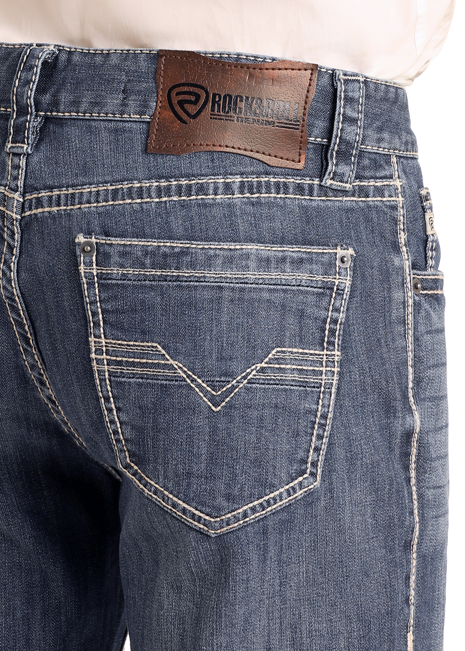 Close-up of the back of blue vintage wash Rock & Roll Denim Relaxed Fit Straight Leg Jeans with contrast stitching, two pockets, and a brown leather brand patch on the waistband for everyday comfort.