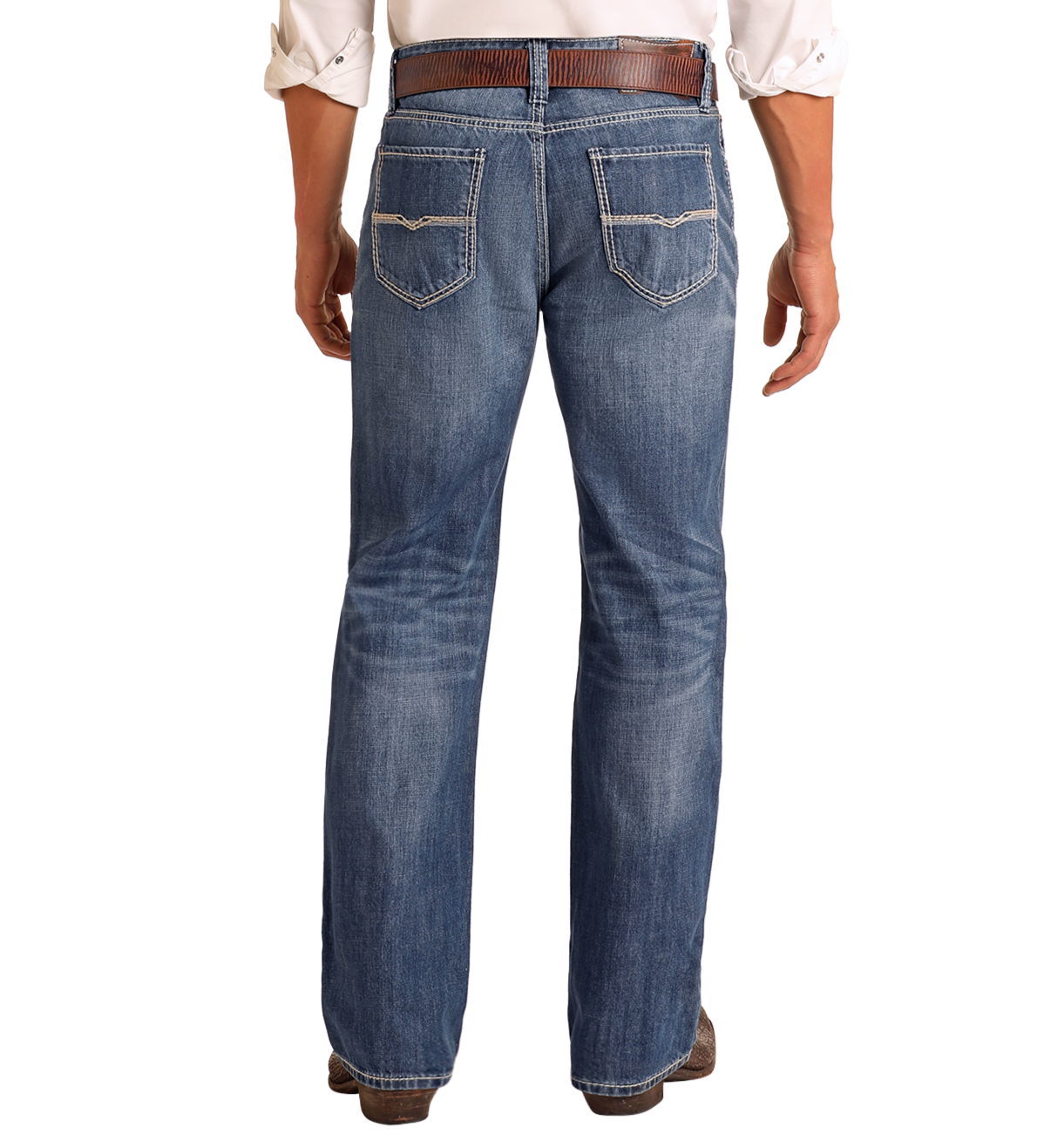 A man stands facing away, wearing a white shirt, brown belt, brown shoes, and Rock & Roll Denim Relaxed Fit Medium Wash Straight Leg Jeans with white stitching on the back pockets and a classic faded 100% cotton look.