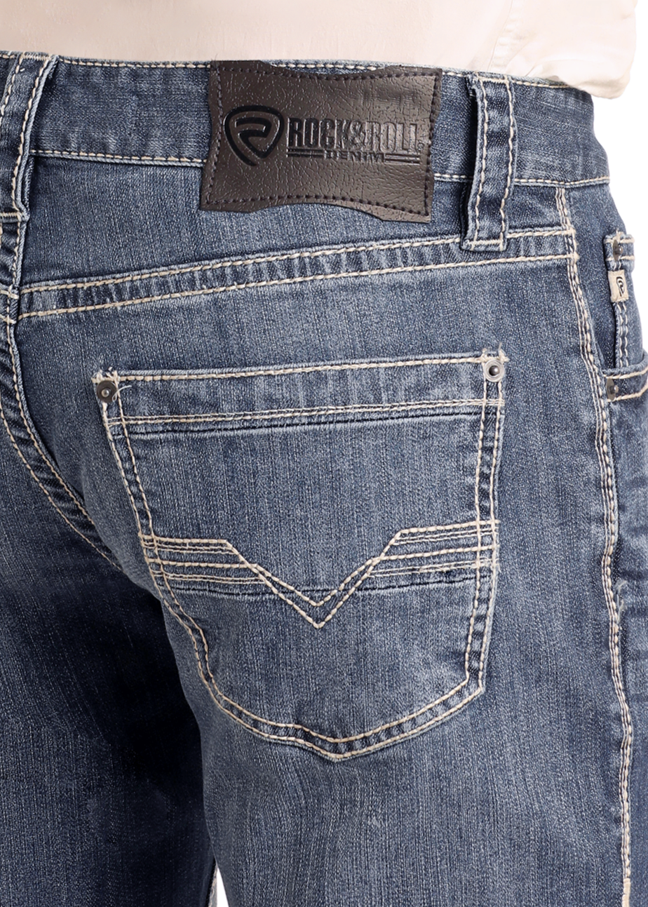 Close-up of the back of a person wearing Rock & Roll Denim Regular Fit Straight Leg Jeans, featuring two back pockets with decorative stitching and a black leather brand patch on the waistband.
