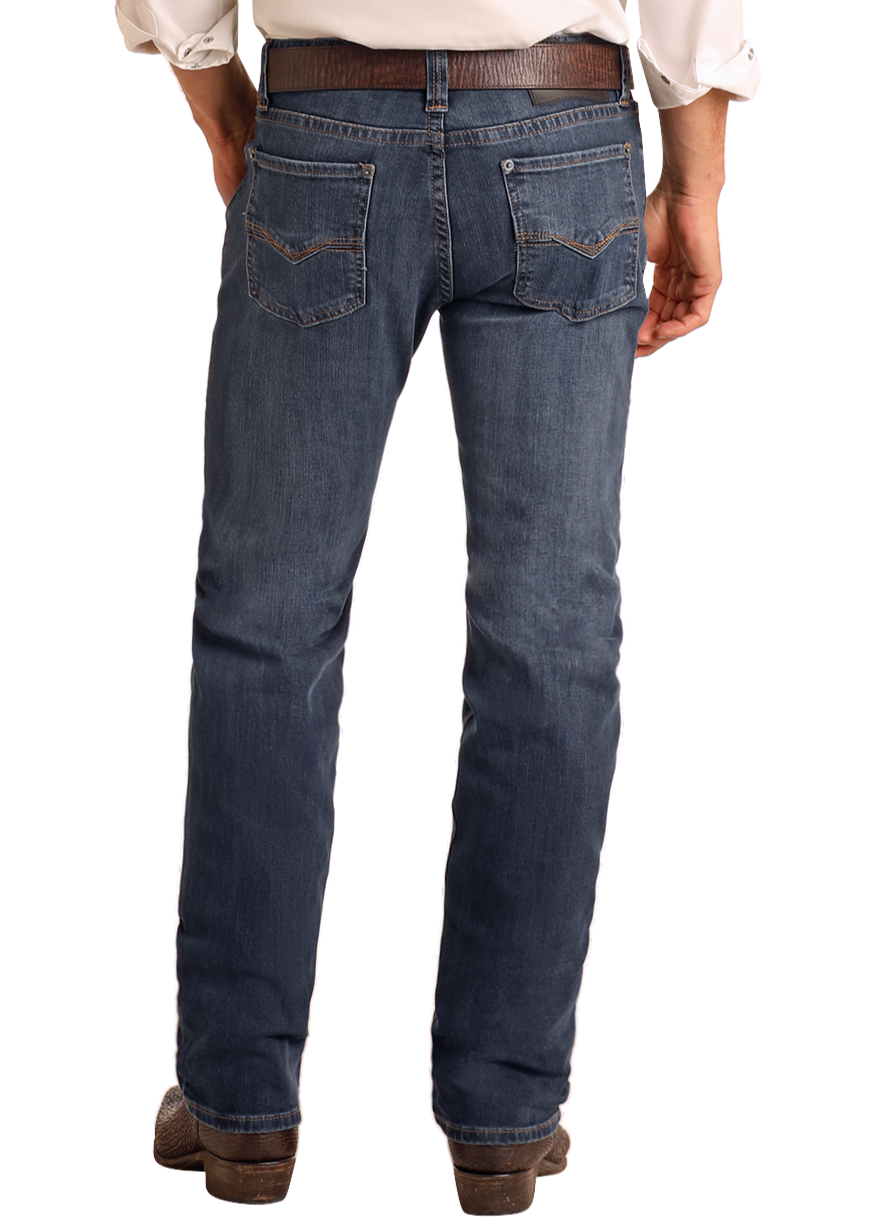 Men's Slim Fit Dark Wash Straight Leg Jeans Rock Roll Denim