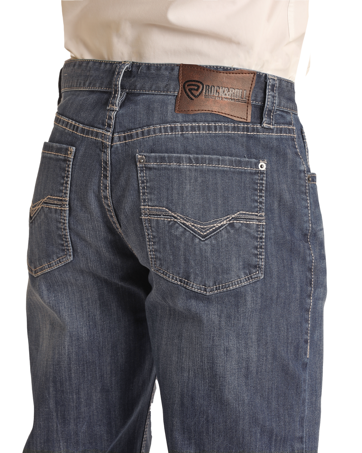 A close-up of Rock & Roll Denim Relaxed Fit Dark Wash Stackable Bootcut Jeans, showcasing their comfortable stretch fabric for everyday wear.