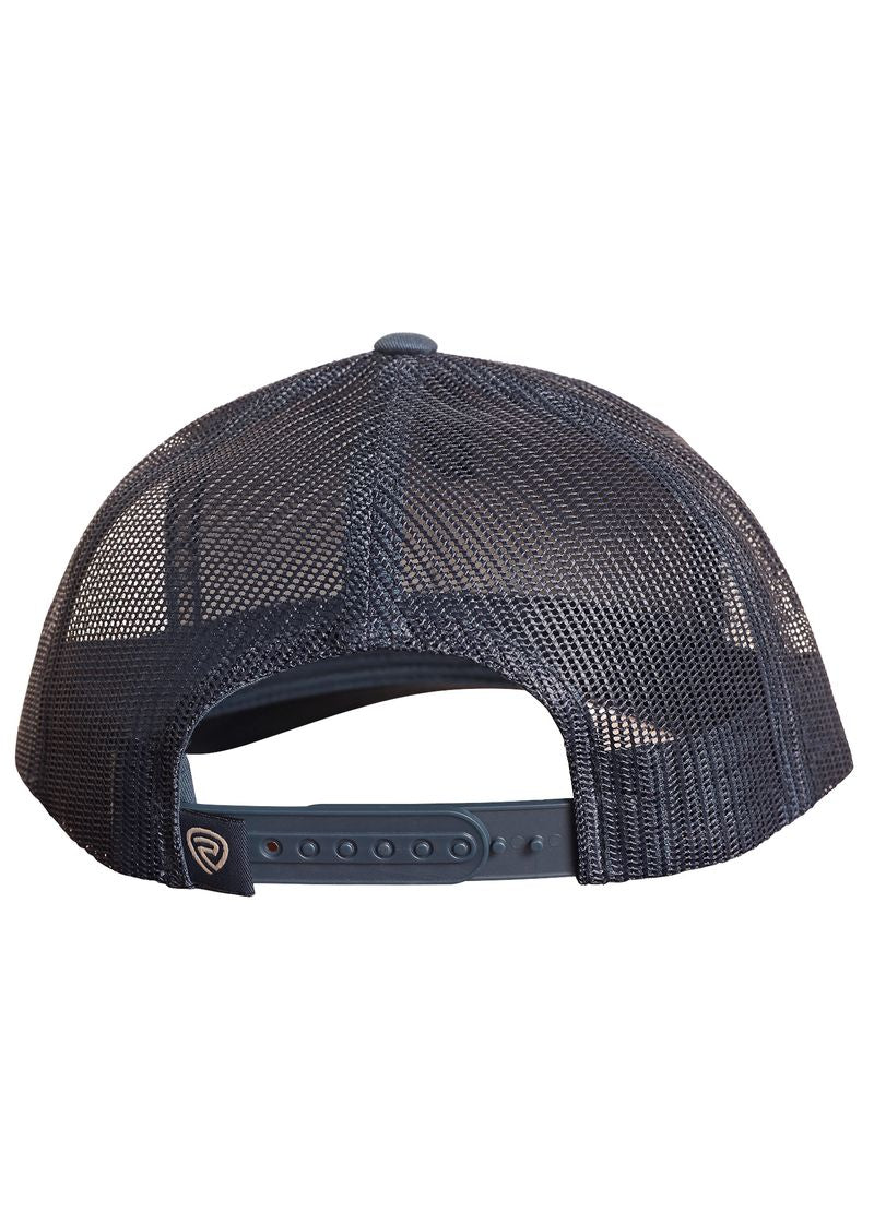 A navy blue Aztec Horse Cap by Rock & Roll Denim features a breathable mesh back, adjustable snapback strap, and a small logo tag on the left side when viewed from the rear.