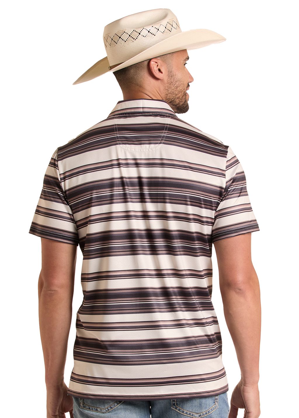 Man wearing a striped shirt and cowboy hat on a white background