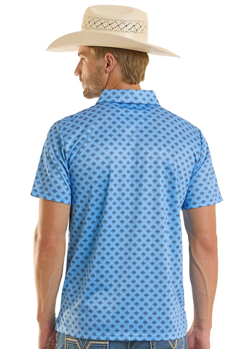 Man wearing a blue patterned shirt and straw hat on a white background