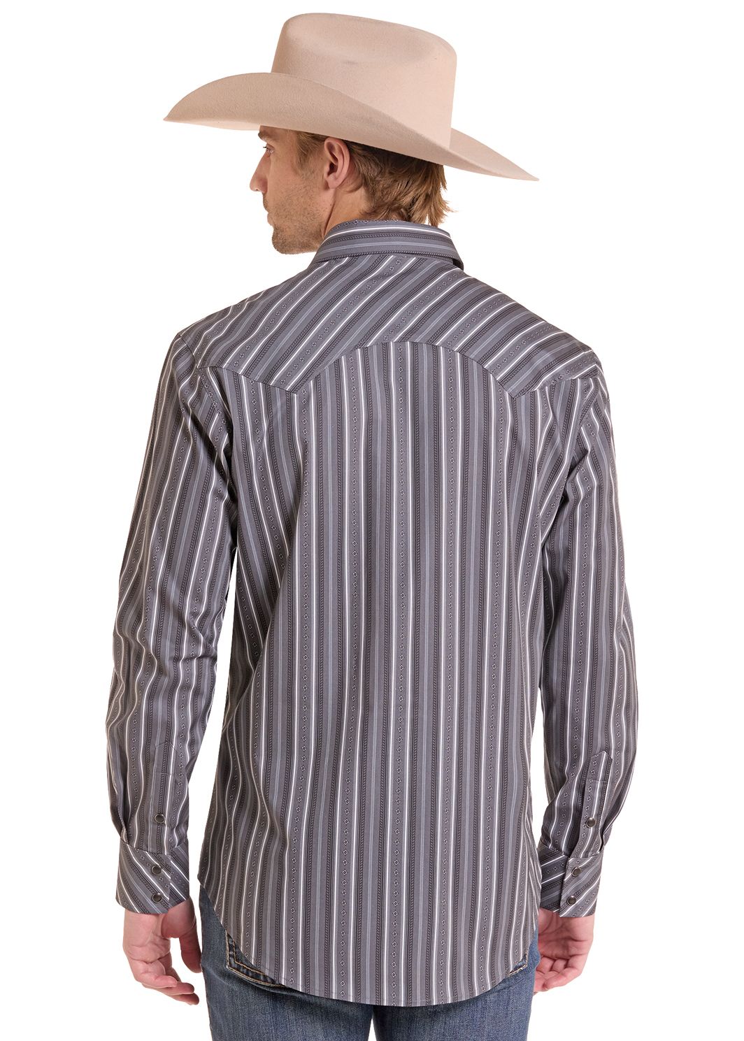 Back of man in Charcoal Diamond Striped Long Sleeve Snap Shirt