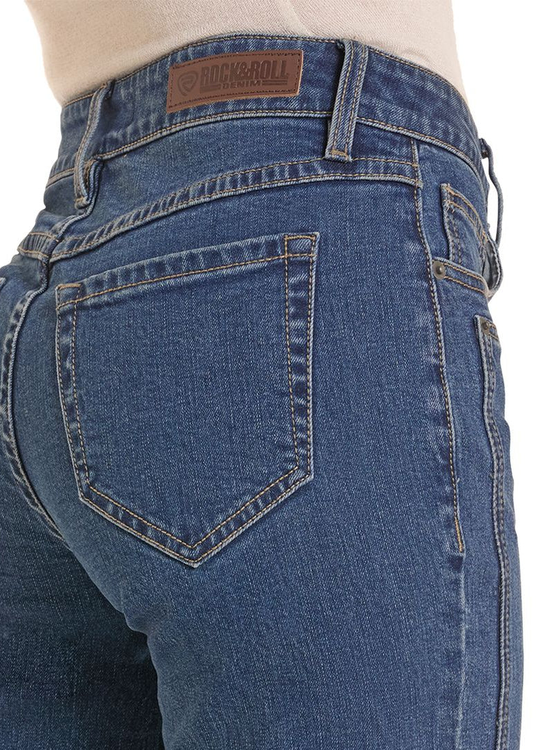 Detail image of the back pocket on a pair of woman's jeans.