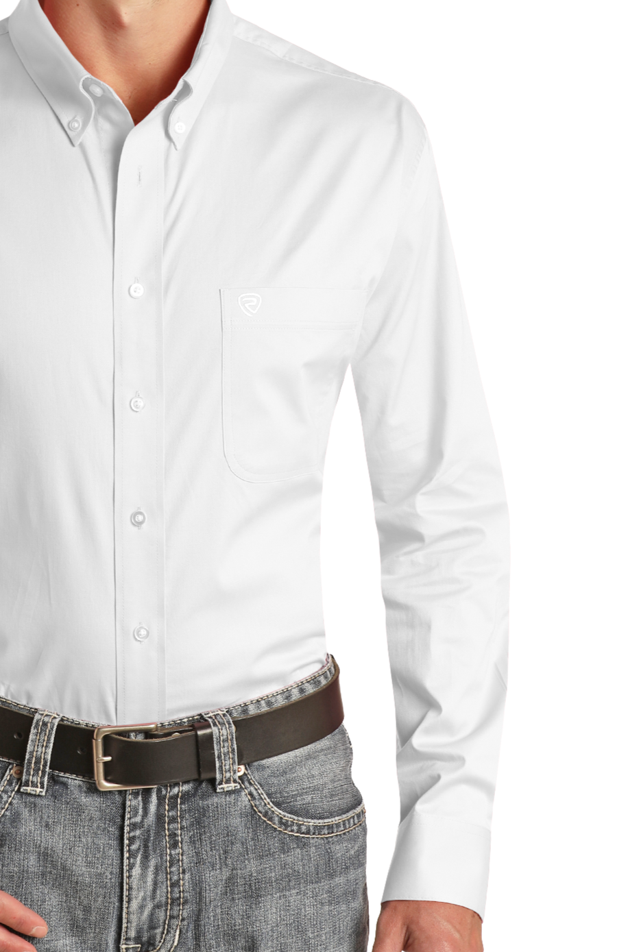 A person wears the Rock & Roll Denim Regular Fit White Long Sleeve Button Shirt with a chest pocket and logo, paired with blue jeans and a black belt, shown from shoulders to hips against a white background.