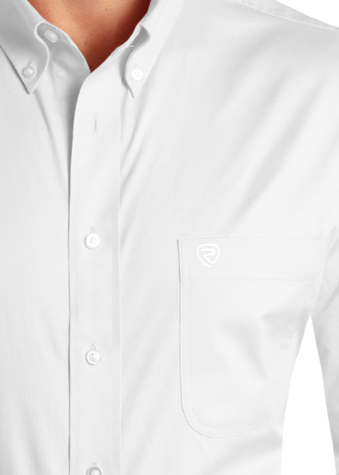 A person wears the Rock & Roll Denim Regular Fit White Long Sleeve Button Shirt with a chest pocket and logo, paired with blue jeans and a black belt, shown from shoulders to hips against a white background.