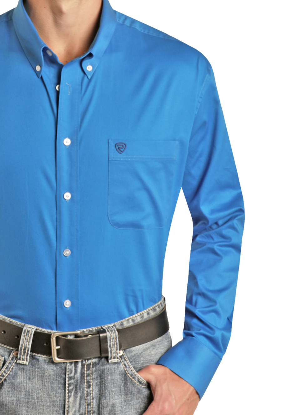 A person wears the Rock & Roll Denim Regular Fit Blue Long Sleeve Button Shirt with a chest pocket, paired with light-wash jeans and a black belt. Their left hand is in their pocket, and their head is out of frame.
