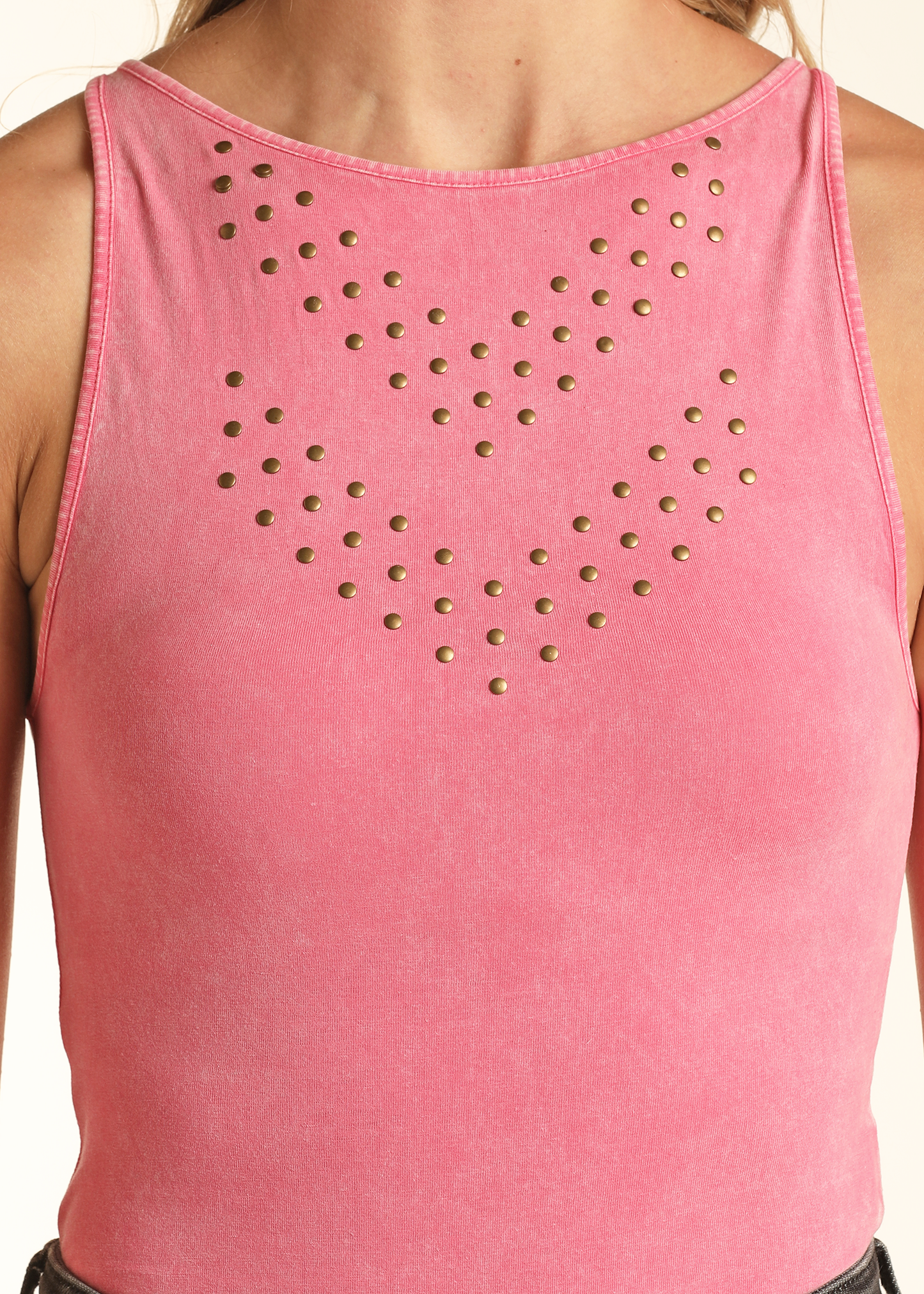 A close up of a woman's Studded Bodysuit by Rock & Roll Denim.
