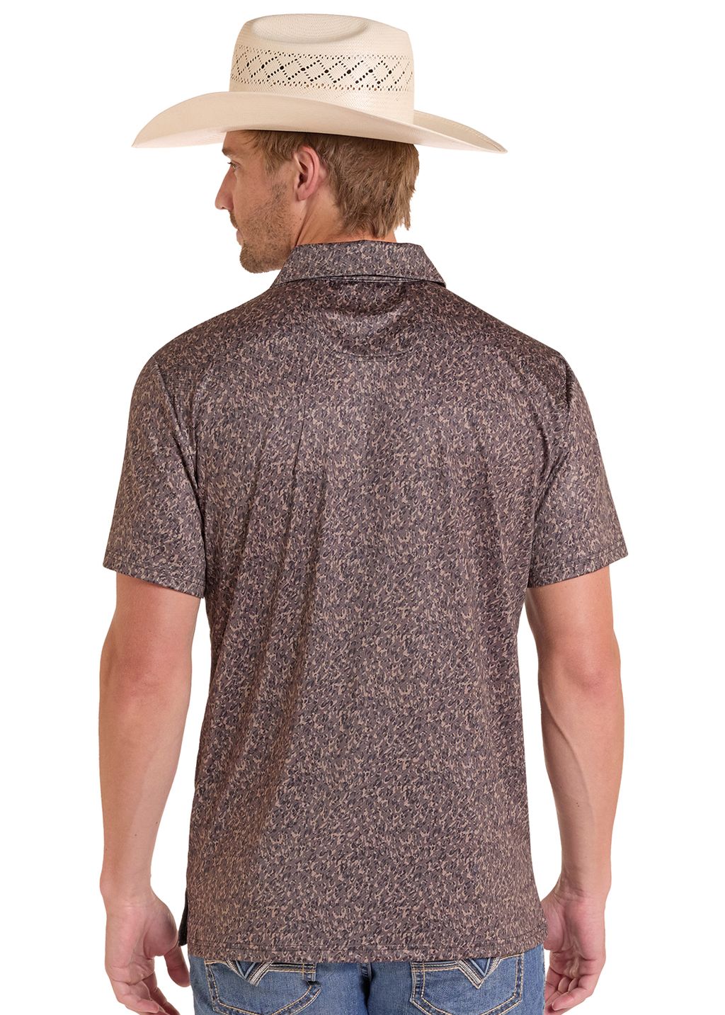 Man wearing a brown patterned polo shirt and cowboy hat on a white background