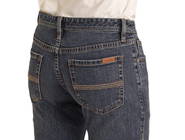A person shown from the back wears Rock & Roll Denim's Vintage '46 Slim Straight Leg Jeans, with dark blue wash, bold orange stitching, large back pockets, and a subtle two-tone pocket stitch for a retro look.