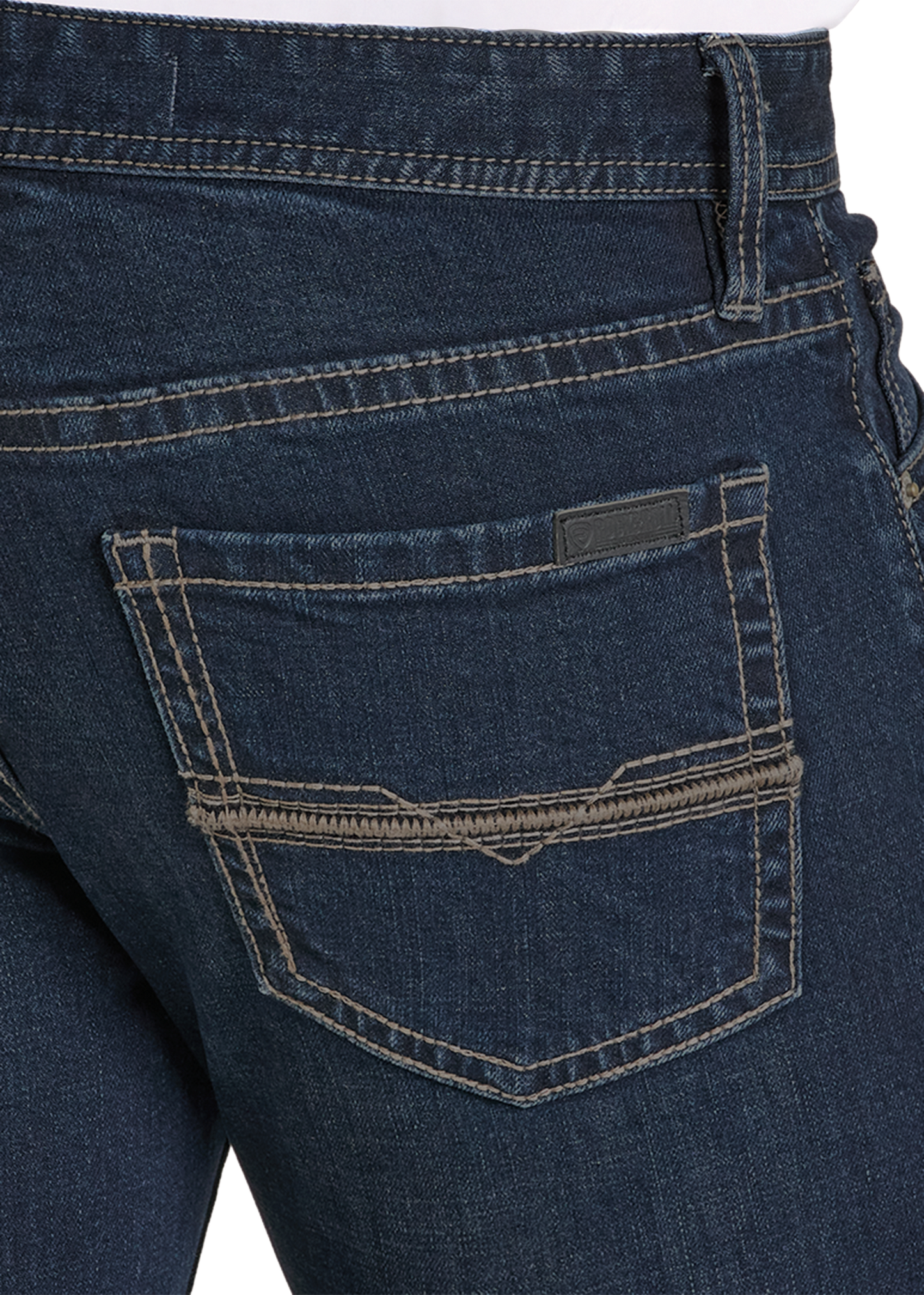 Close-up of a blue denim pocket on a white background