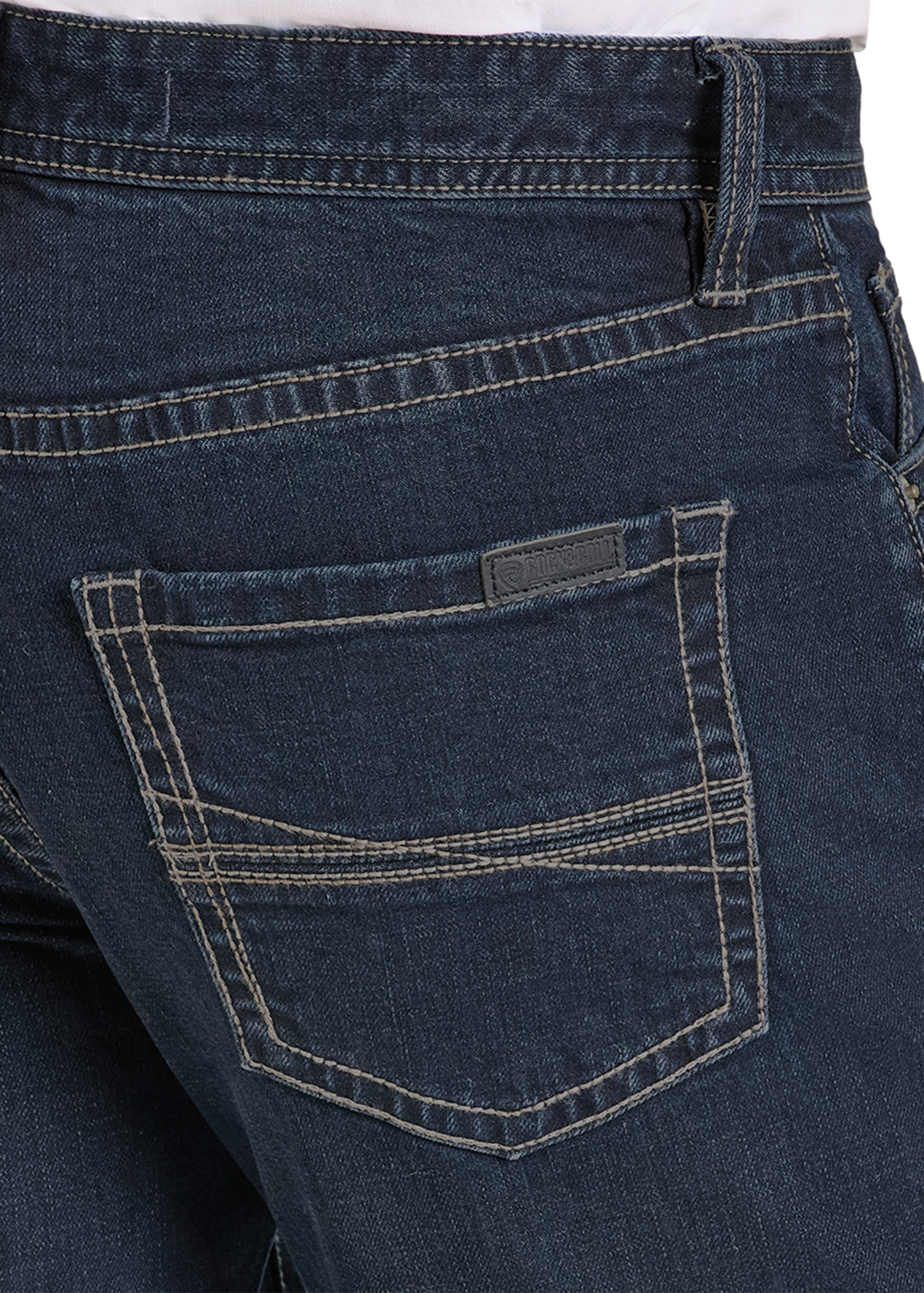 Close-up of a blue denim pocket with stitching details