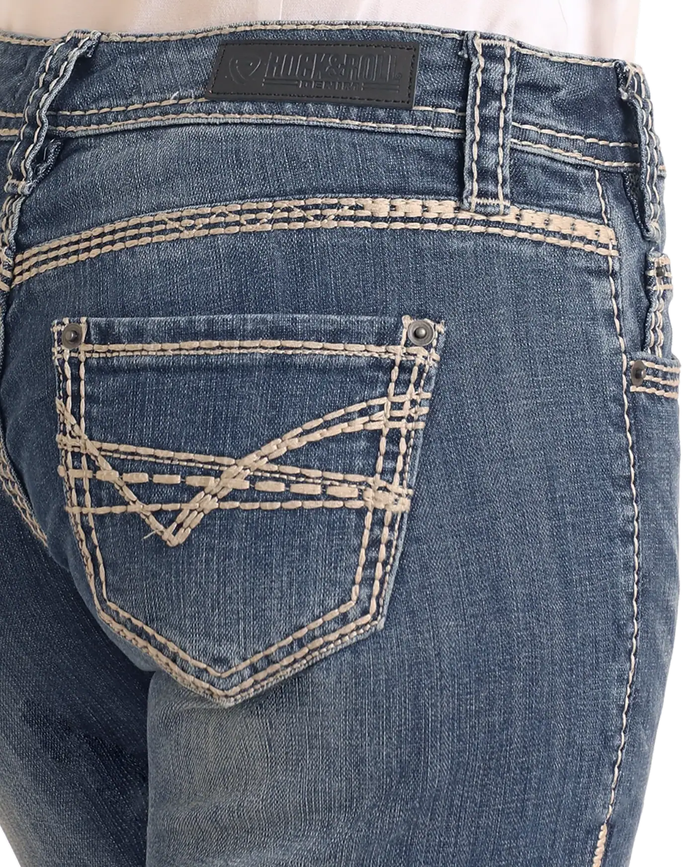 Low Rise Bootcut Jeans with stylish stitching and a classic blue wash.