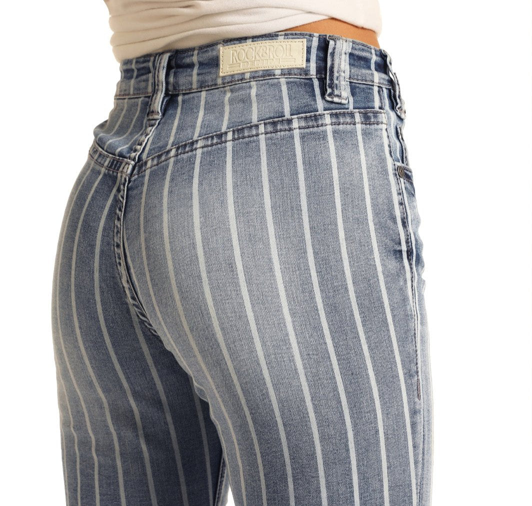 A person is shown from the back wearing Rock & Roll Denim High Rise Extra Stretch Striped Trousers in blue and white vertical stripes, set against a plain white background.