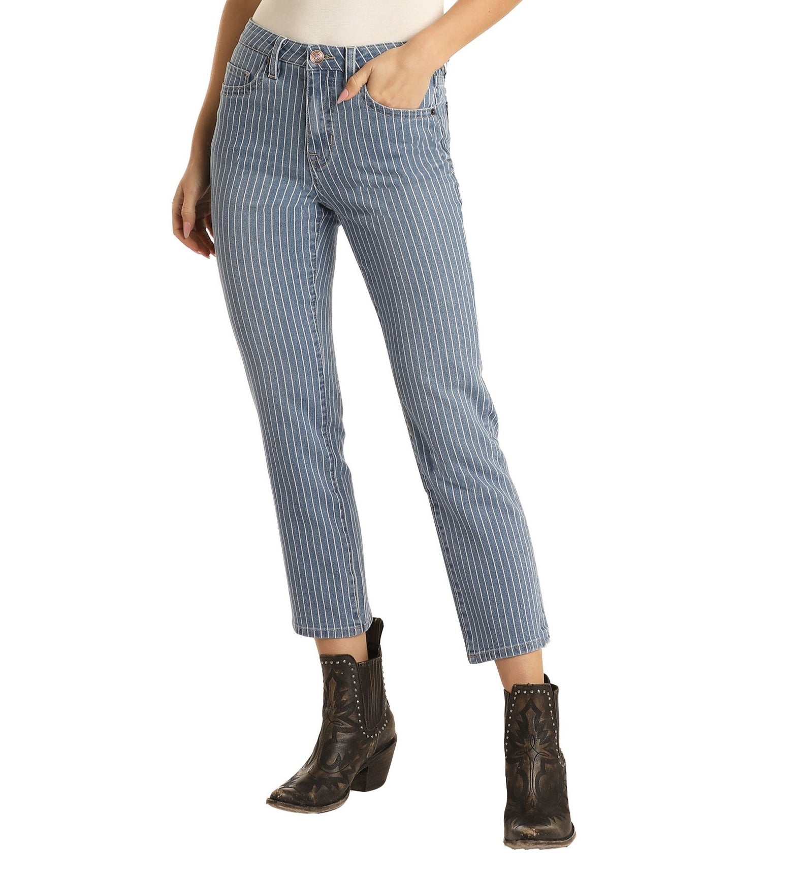 Women s Striped High Rise Cropped Jeans Rock Roll Denim