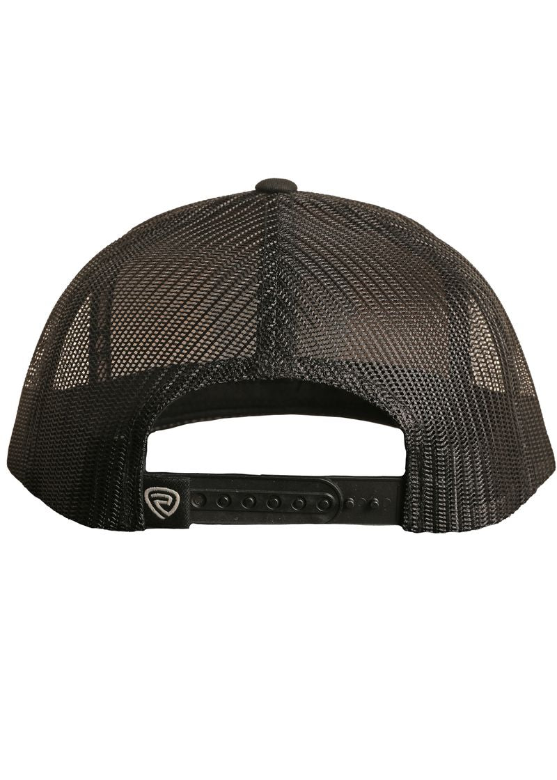 Back view of the Dale Brisby Rodeo Time Cap by Rock & Roll Denim, a black mesh trucker hat featuring an adjustable snapback and a small Dale Brisby logo tag on the strap.