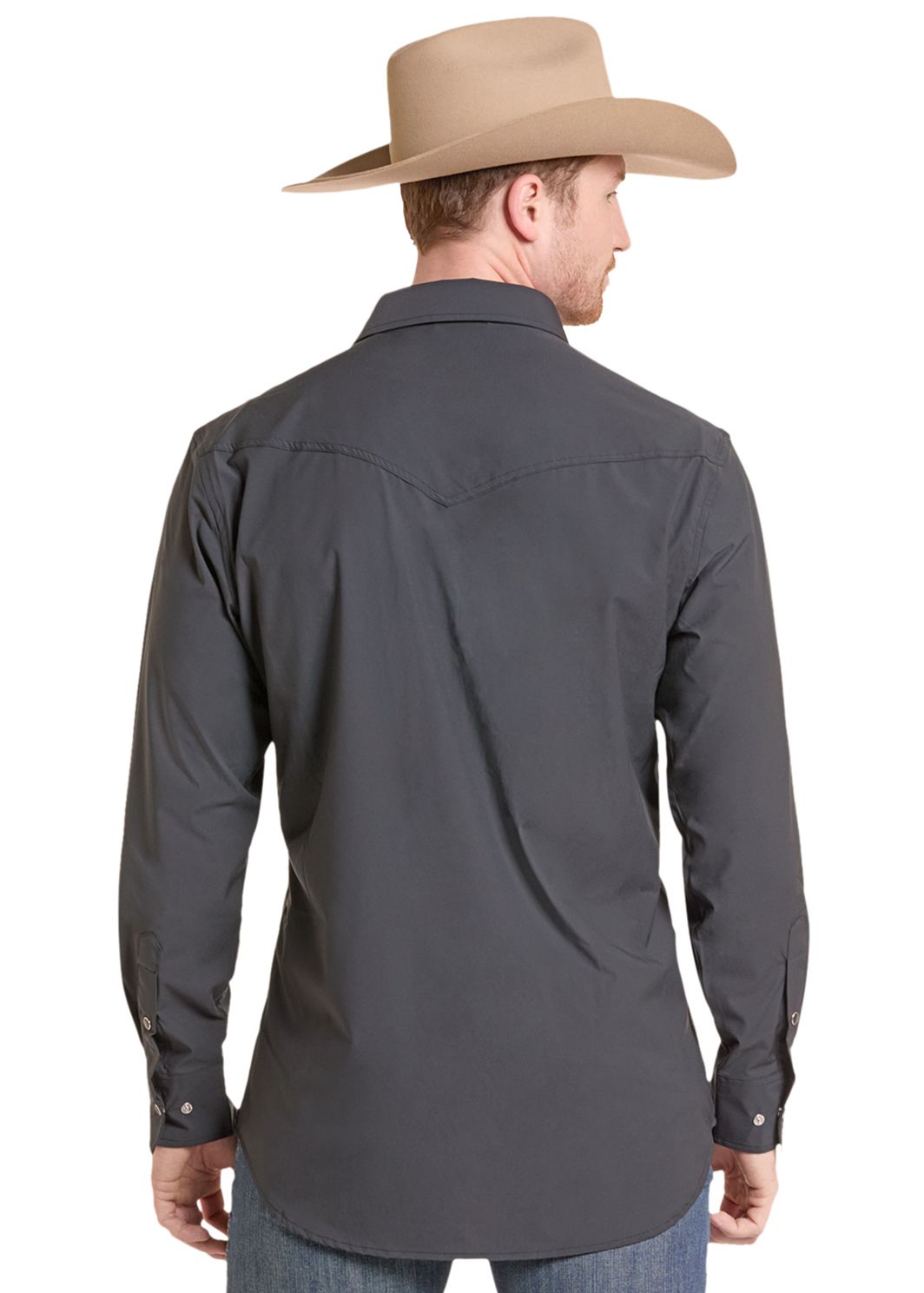 The back of a man in a Black TEK Core Long Sleeve Dress Shirt