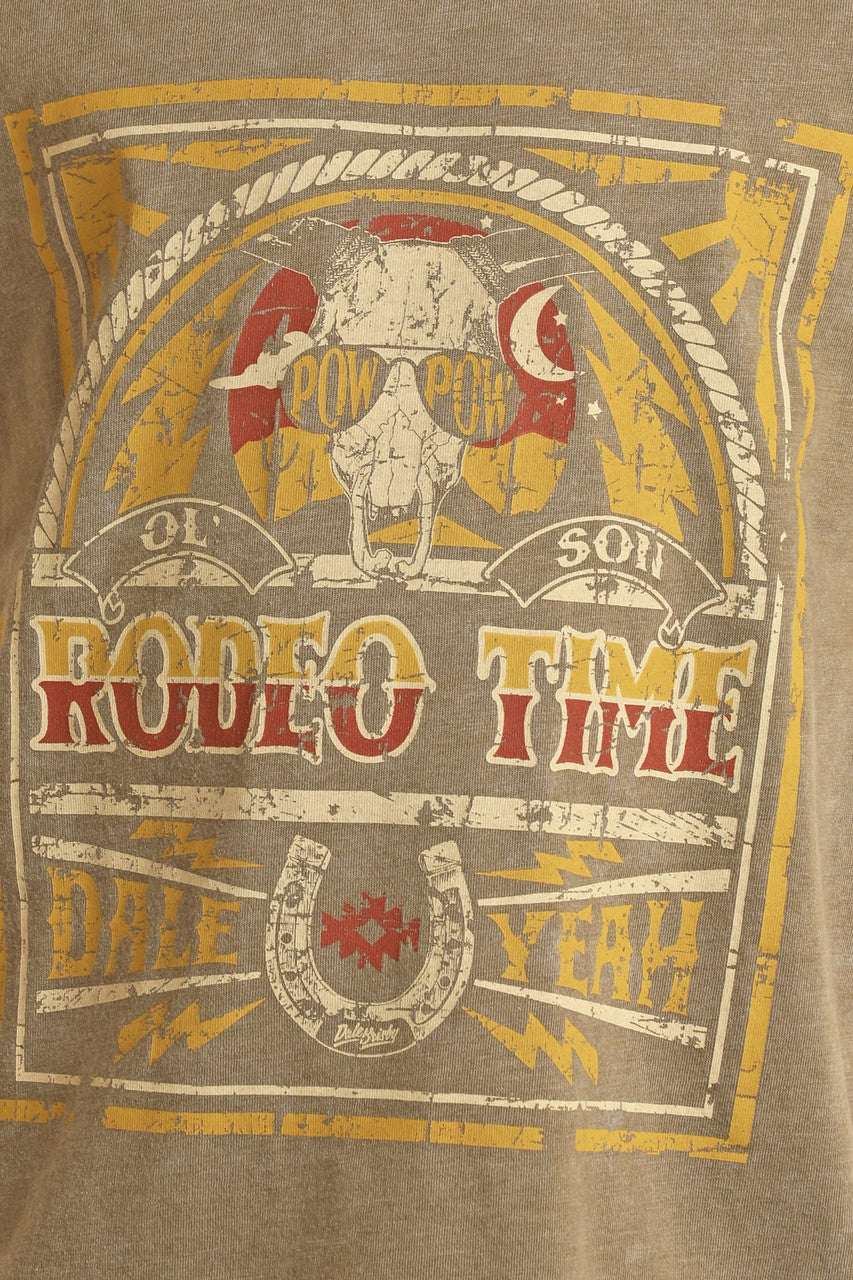 The Boys' Dale Brisby Rodeo Time T-Shirt by Rock & Roll Denim features a steer skull, Pow Pow text, rope border, “Dale Yeah” and “Rodeo Time, Oh Son” phrases, horseshoe print, and bold yellow, red & white details—perfect for young cowboys.