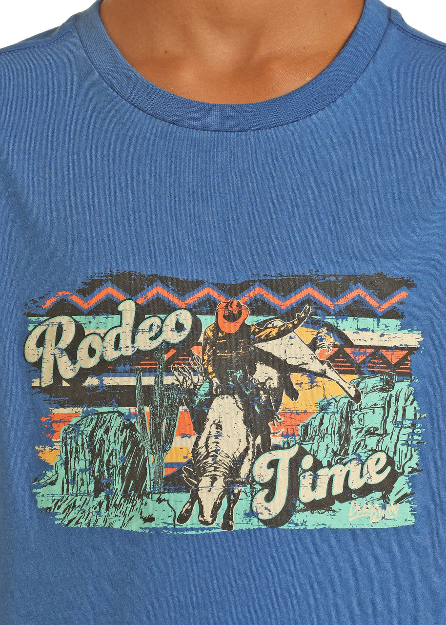 The Boys' Dale Brisby Rodeo Time Graphic T-Shirt by Rock & Roll Denim features a bold, vintage-style cowboy and bull graphic with Rodeo Time lettering—perfect for young fans of rodeos and Dale Brisby.