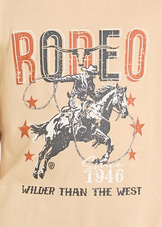 Child wearing a beige t-shirt with a rodeo graphic and text, smiling against a white background.