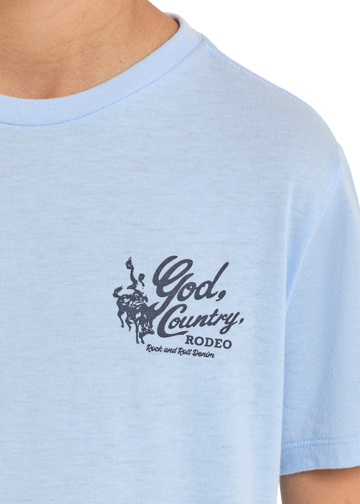 Light blue t-shirt with black graphic and text on a white background