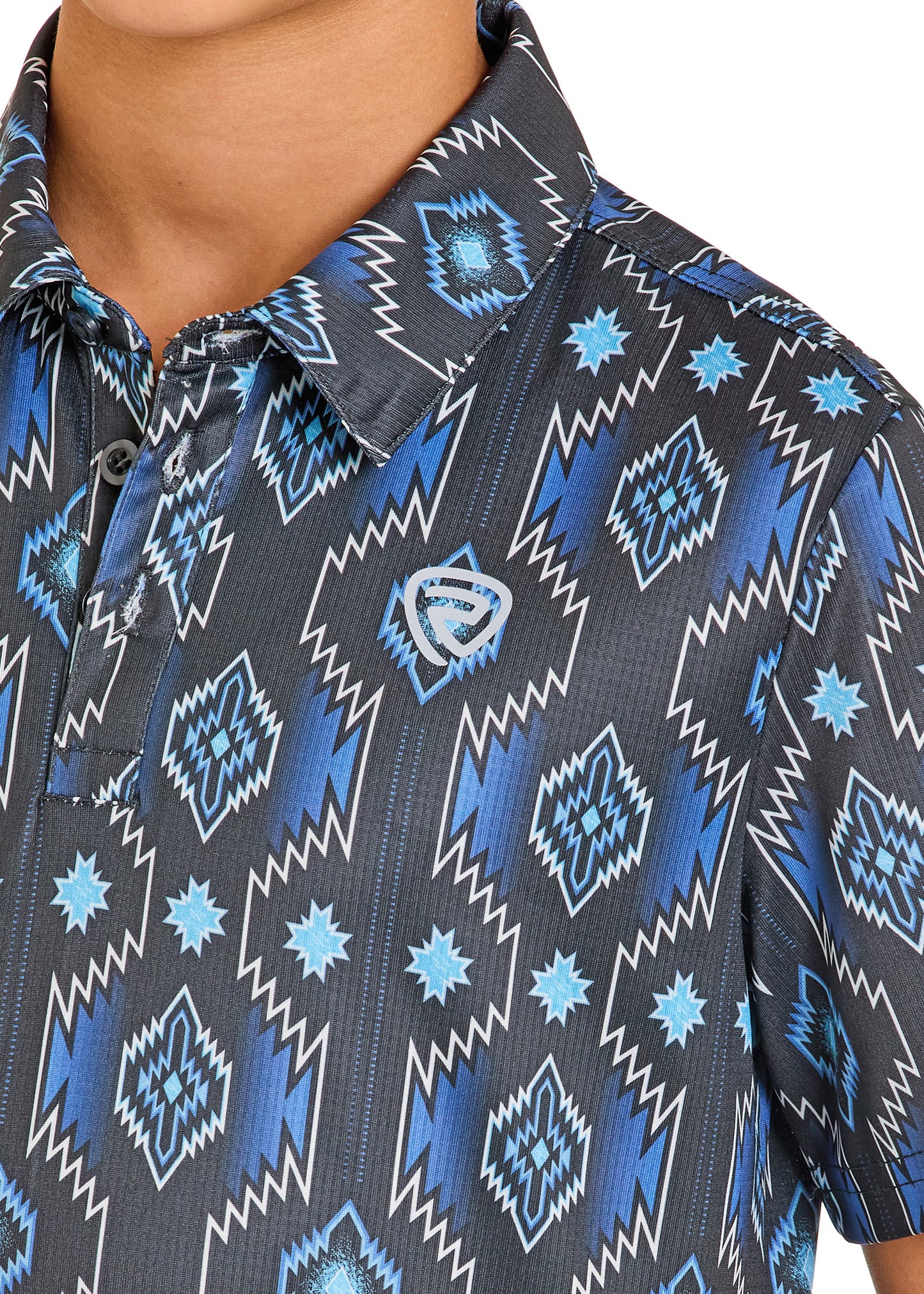 Close-up of a blue and black patterned shirt with a logo on a white background