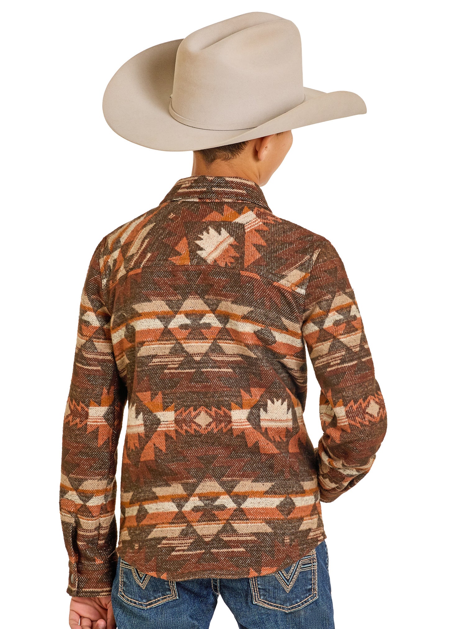 Person wearing a patterned long-sleeve shirt and cowboy hat on a white background