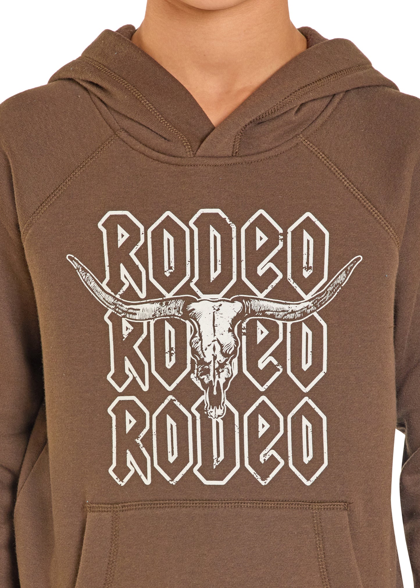 Brown hoodie with 'Rodeo' text and longhorn design on a white background
