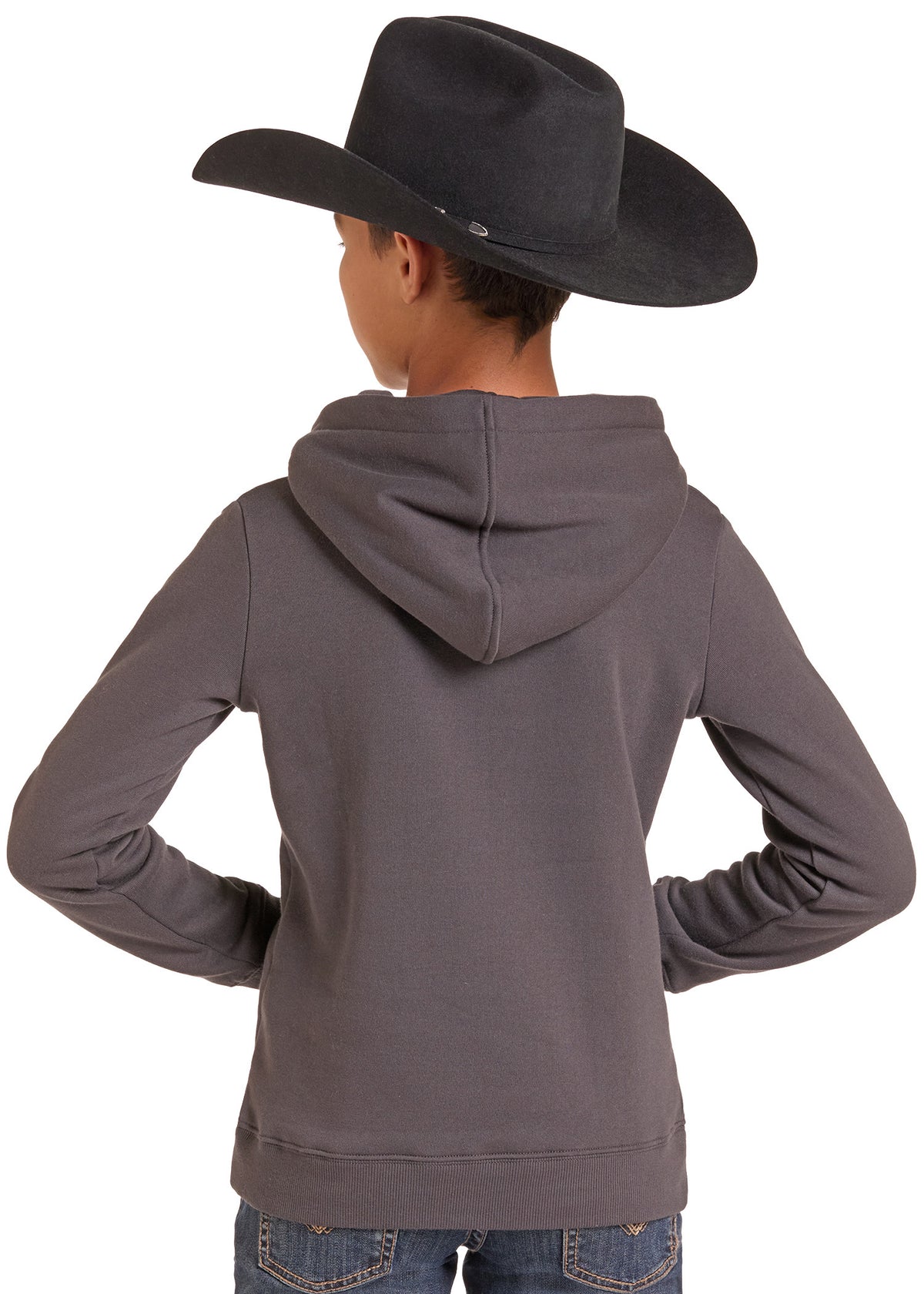 A child shown from the back wearing a dark gray hooded sweatshirt and a black cowboy hat against a plain white background.