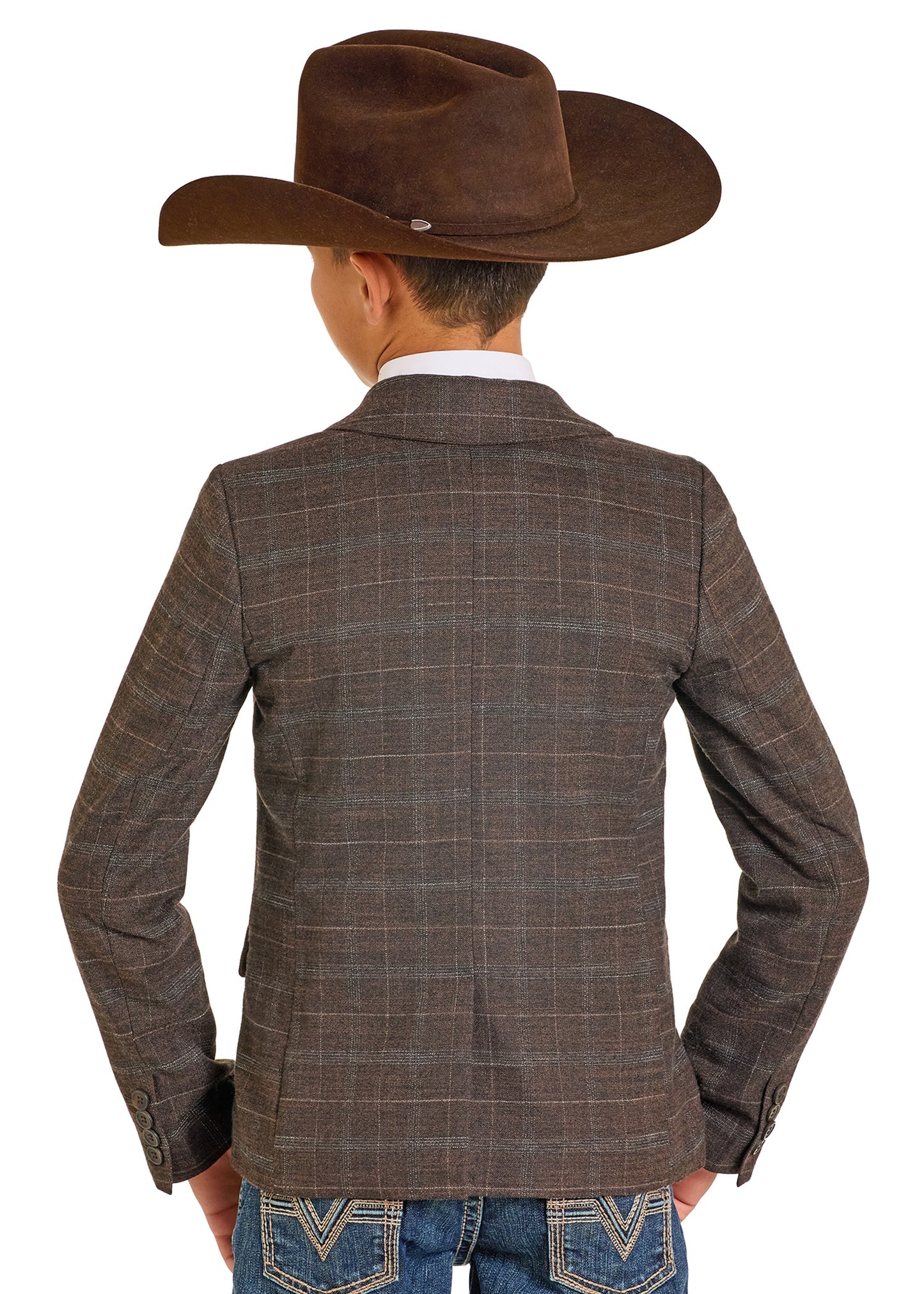 Person wearing a brown checkered blazer and cowboy hat on a white background
