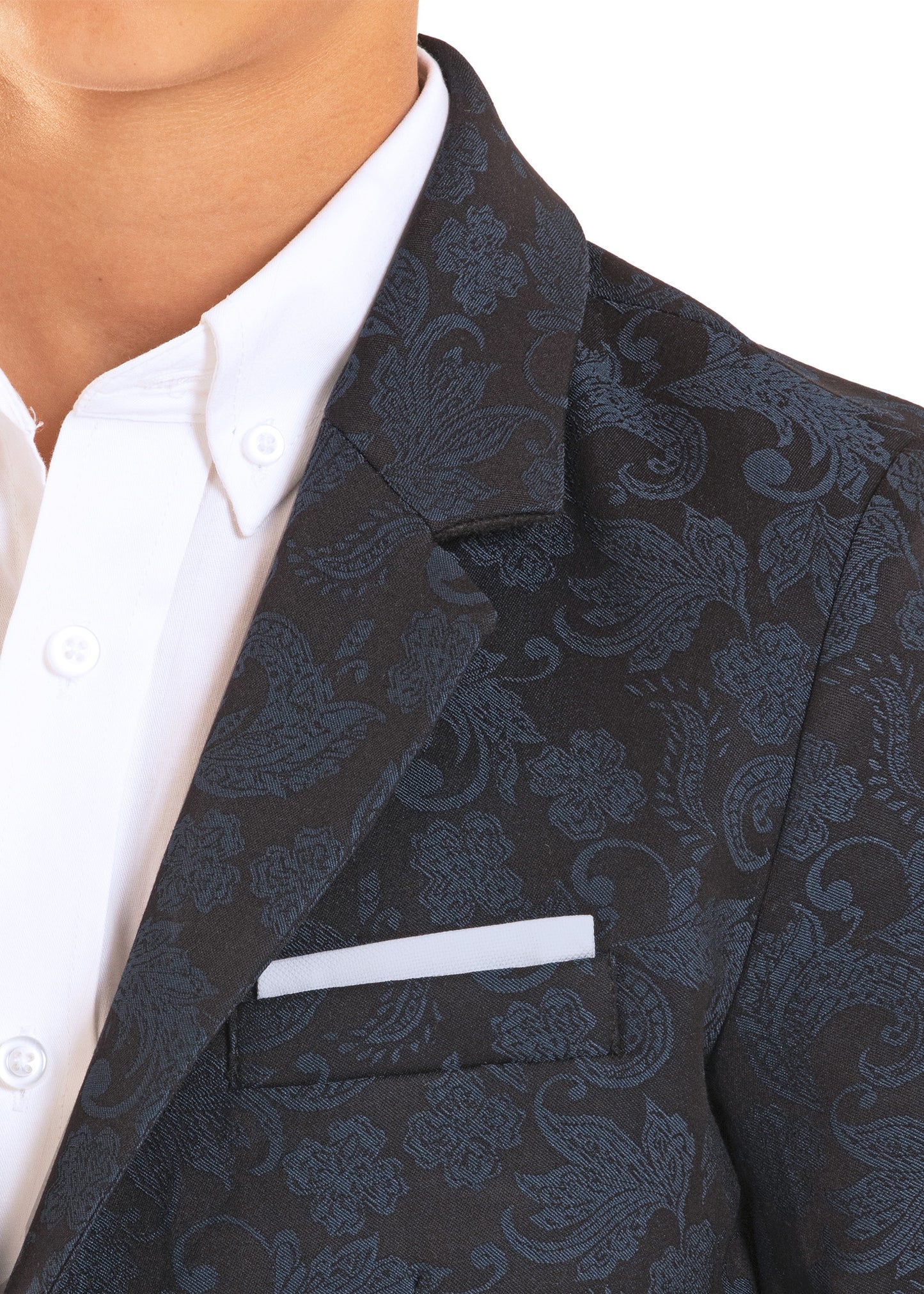 Close-up of a dark patterned blazer with a white shirt and pocket square.