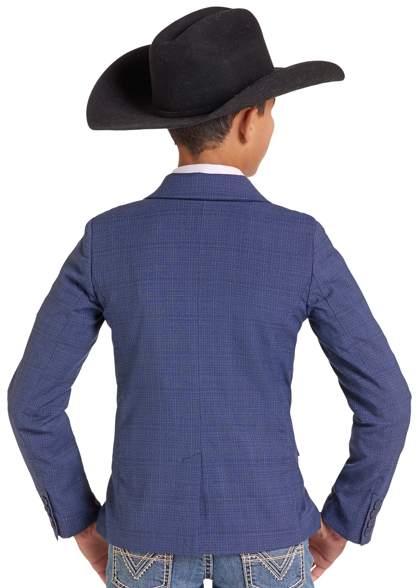 A child model shown from the back wearing a blue plaid blazer, a black cowboy hat, and jeans against a plain white background.