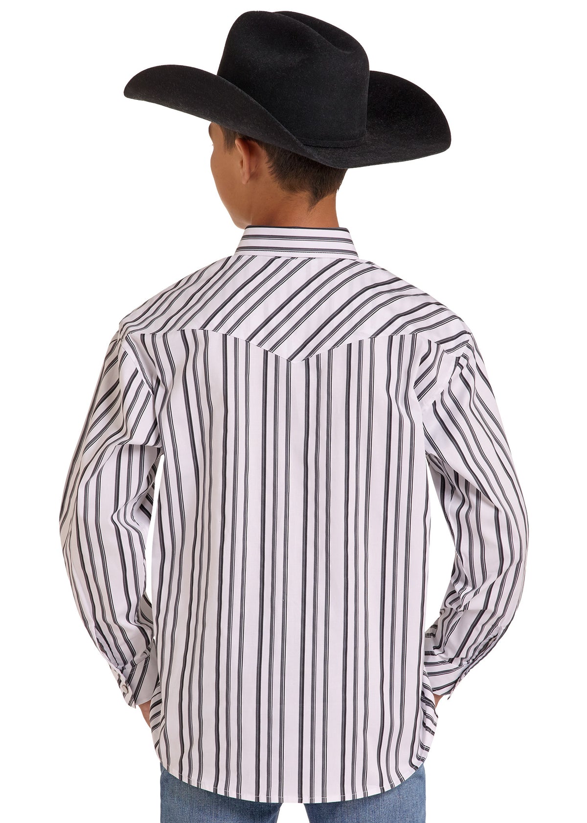 A man viewed from the back wearing a black cowboy hat, a white long-sleeve western shirt with thin vertical black stripes, and blue jeans against a plain white background.