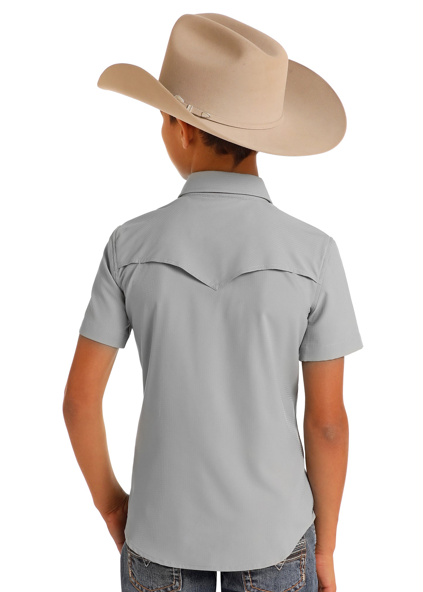 Child wearing a gray short-sleeve shirt and beige cowboy hat on a white background