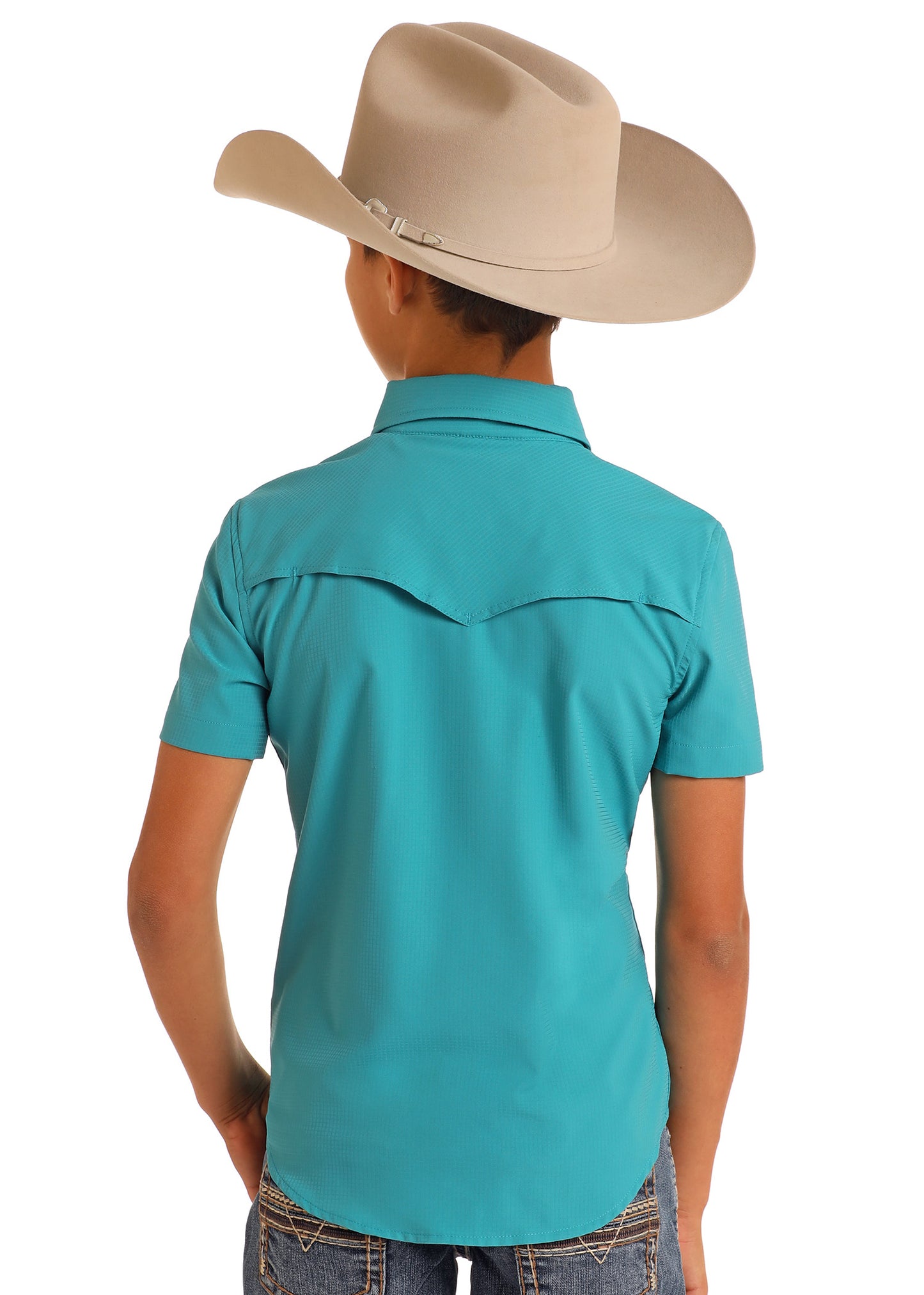 Person wearing a turquoise shirt and beige cowboy hat on a white background
