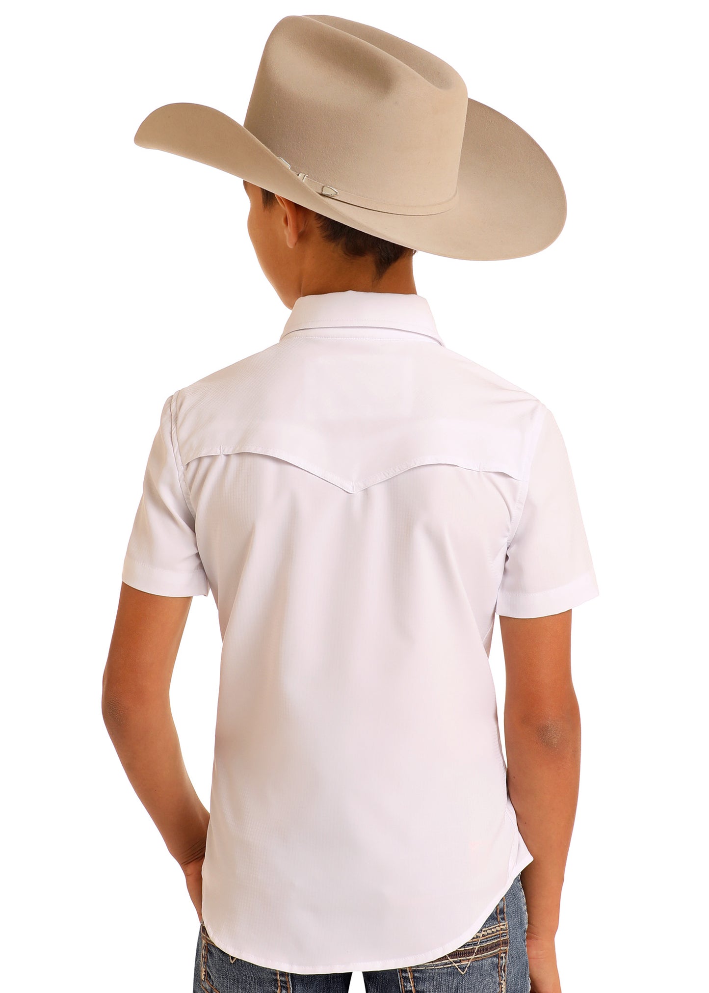 Person wearing a white short-sleeve shirt and beige cowboy hat on a white background