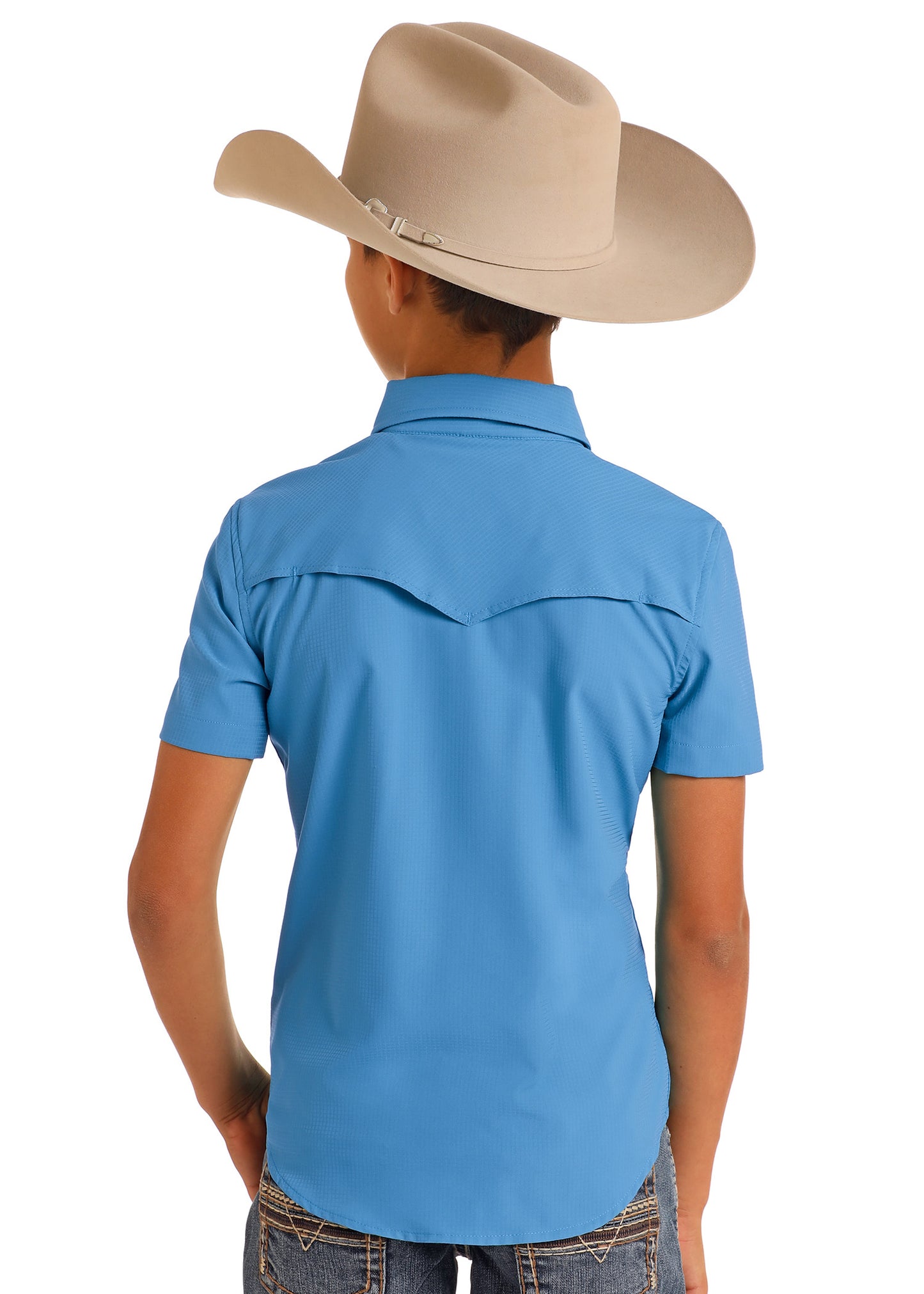 Person wearing a blue shirt and beige cowboy hat on a white background