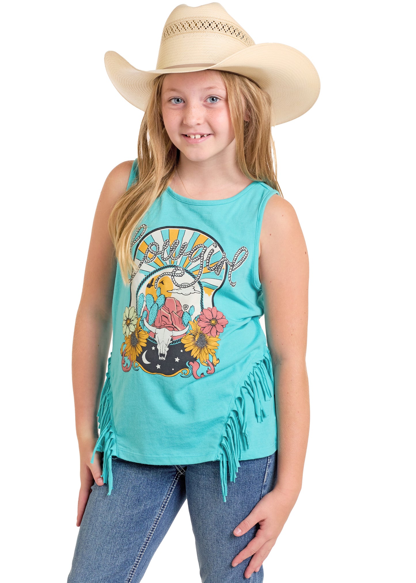 A young girl in a Rock & Roll Denim Girls' Cowgirl Fringe Tank with a colorful western horse graphic and floral details smiles against a white background, wearing a cowboy hat.