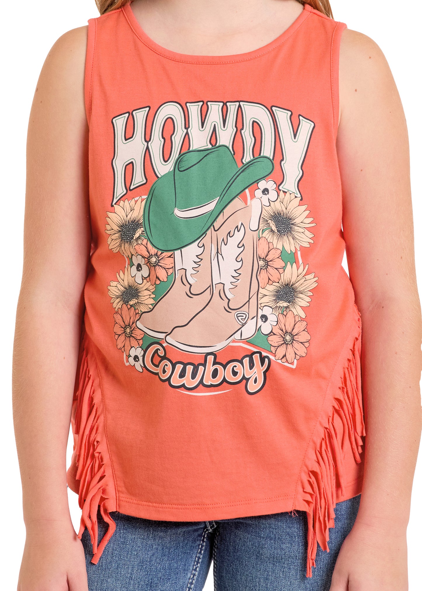 A child wears the Rock & Roll Denim Girls' Howdy Cowboy Fringe Tank featuring cowboy boots, a green hat, flowers, and "Howdy Cowboy," styled with blue jeans.