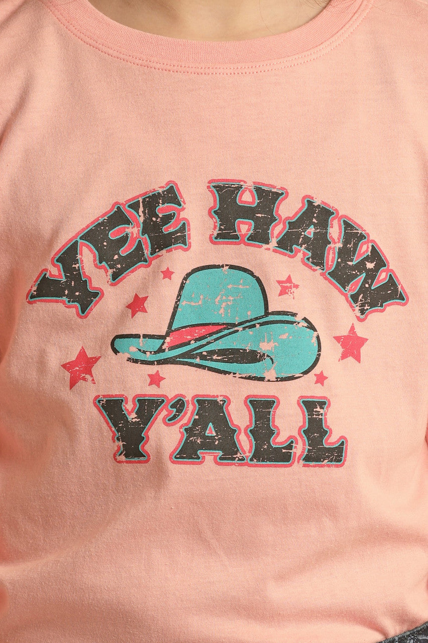 The Rock & Roll Denim Girls' Yee Haw Y'all Graphic T-Shirt features bold distressed black lettering, a teal cowboy hat, and red stars—adding playful Southern charm to any outfit.