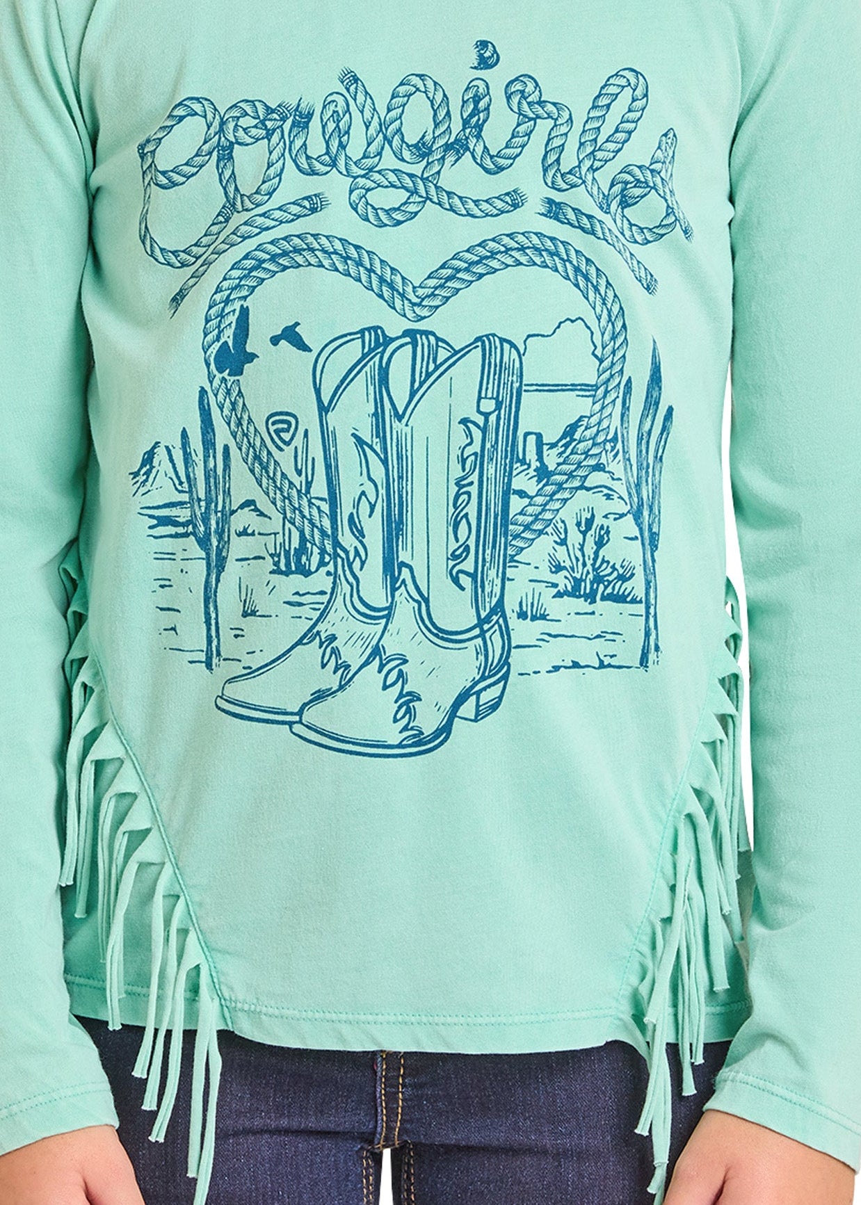 Mint green long-sleeve shirt with cowboy graphic and fringes on a white background