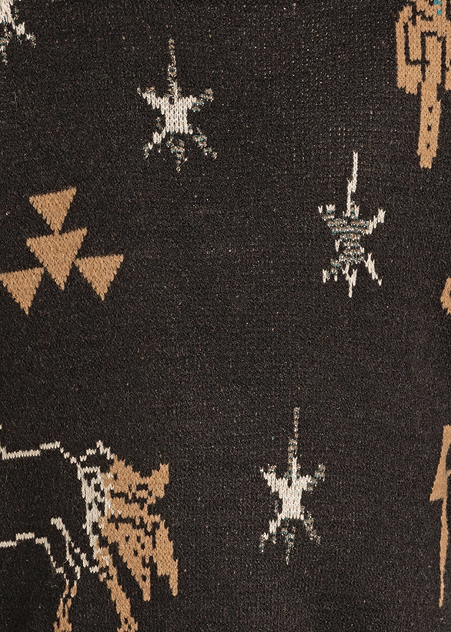 Textile pattern with geometric shapes and animals on a dark background