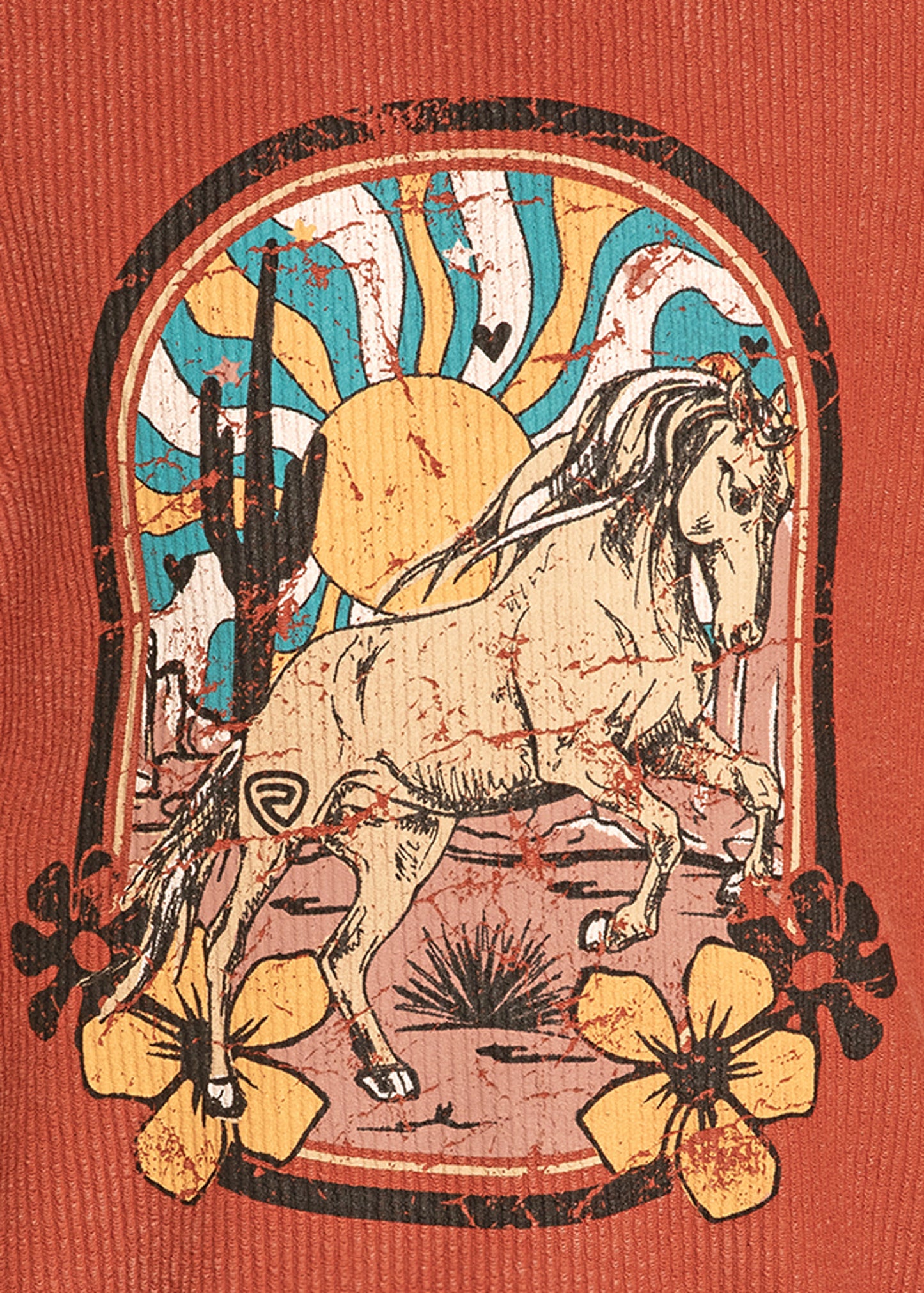 Decorative design with a horse, flowers, and arch on a red background