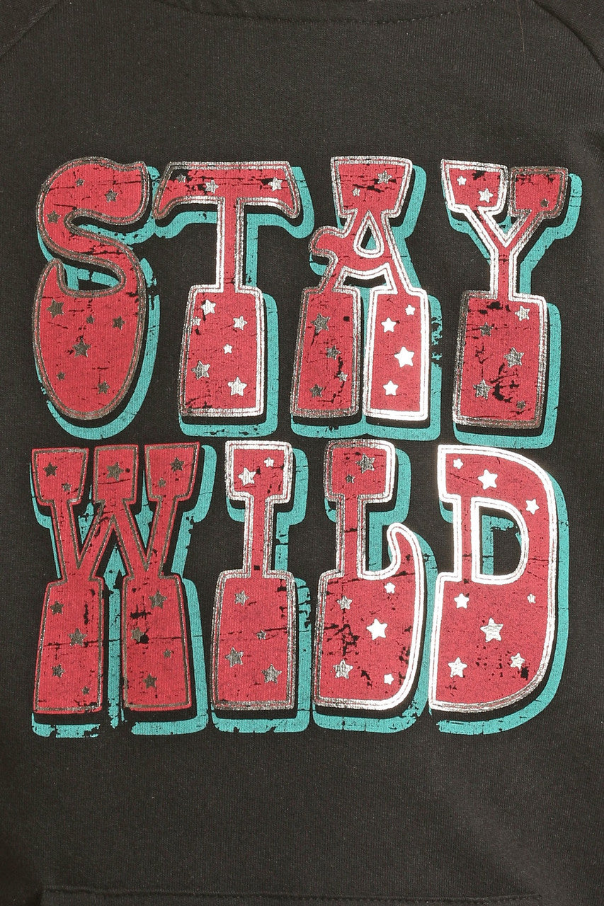 Red and white distressed block letters with stars spell out STAY WILD on a black background, outlined in turquoise—the perfect look for the Girls' Stay Wild Graphic Hoodie by Rock & Roll Denim.