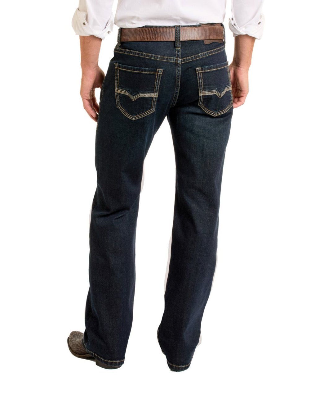 A person wearing Rock & Roll Denim Relaxed Fit Flat Seam Pocket Straight Leg Jeans with a brown belt and white shirt stands with their back to the camera. The jeans feature contrasting stitching and decorative-stitched back pockets.