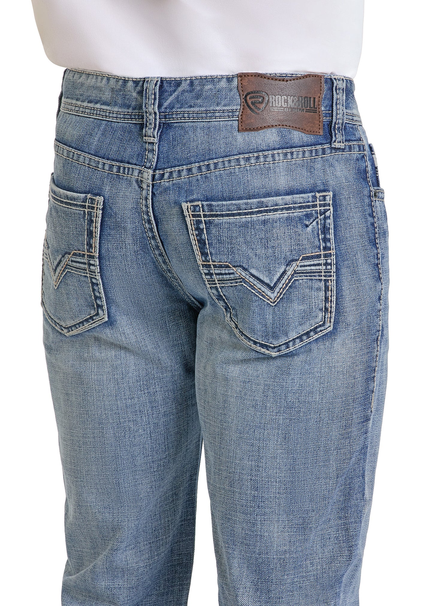 Back view of a person wearing Relaxed Fit Raised Embroidery Straight Jeans in light blue by Rock & Roll Denim, featuring white stitching, decorative back pockets, and a brown leather patch with Rock & Roll branding on the waistband.