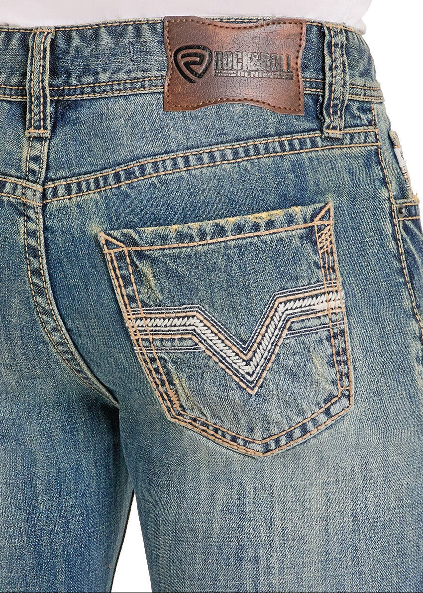 Blue jeans with a brand logo on the pocket on a white background